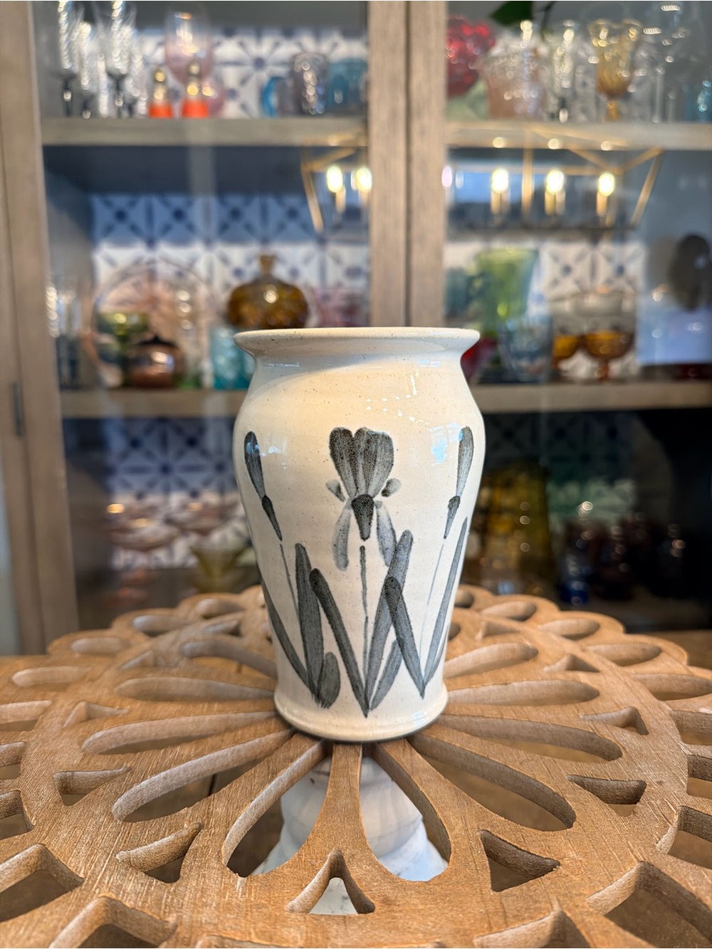 Vintage Cream Ceramic Vase with Gray Floral Motif